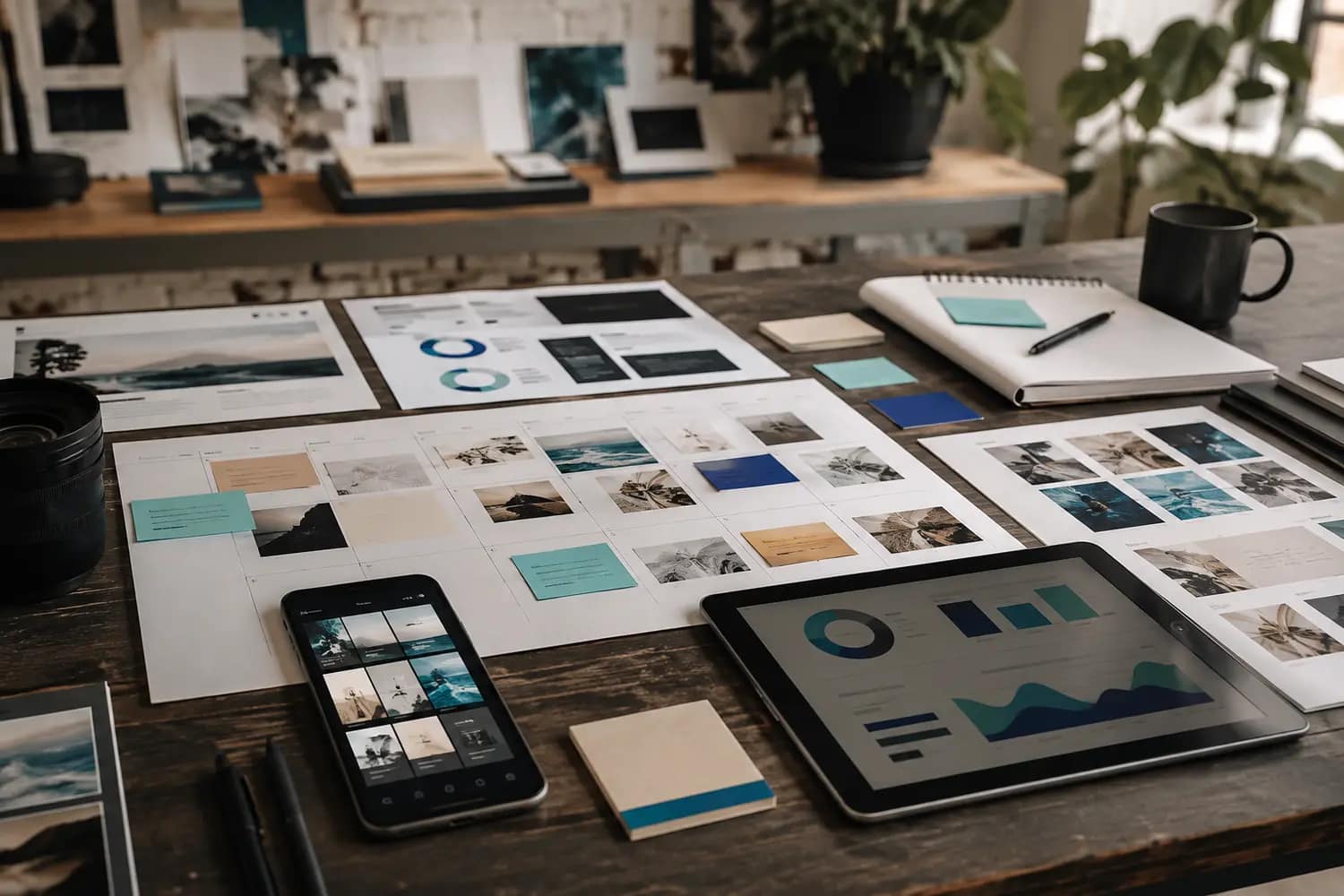Social media campaign planning workspace with content calendar and performance analysis